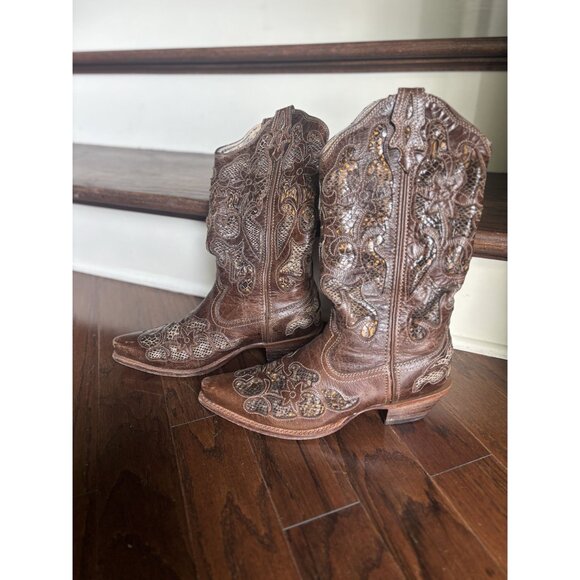 Twisted X Western Brown Python Inlay Leather Boots Women's size 7 - Picture 3 of 7